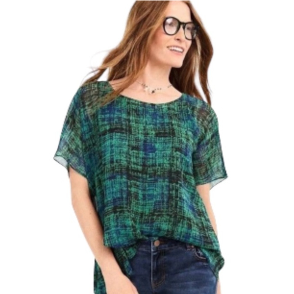 CAbi Women’s Paradox Green Printed Plaid Asymmetrical Chiffon Blouse Size Med